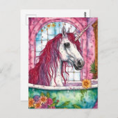 Schattige Waterverf Roze Mane Eenhoorn Bathtime Briefkaart (Voorkant / Achterkant)