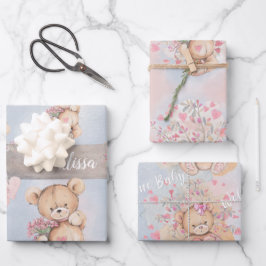 Schattige Waterverf Roze Teddy Bears en Flowers Inpakpapier Vel