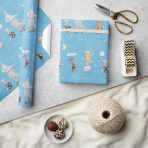 Schattige Waterverf Safari Circus Dieren Baby Blau Cadeaupapier