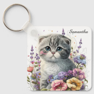 Schattige Waterverf Schotse Fold Kitten Sleutelhanger