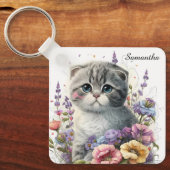 Schattige Waterverf Schotse Fold Kitten Sleutelhanger (Voorkant)