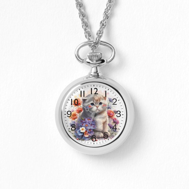 Schattige Waterverf Schotse Vouw Kitten Print Horloge (Voorkant)