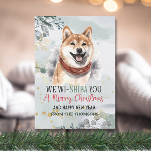 Schattige Waterverf Shiba Inu Kerstmis Feestdagenkaart
