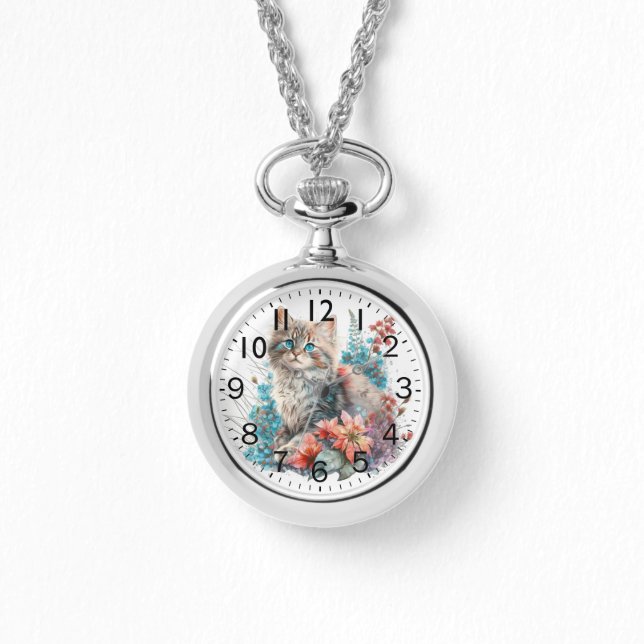 Schattige Waterverf Siberische Kitten Print Horloge (Voorkant)