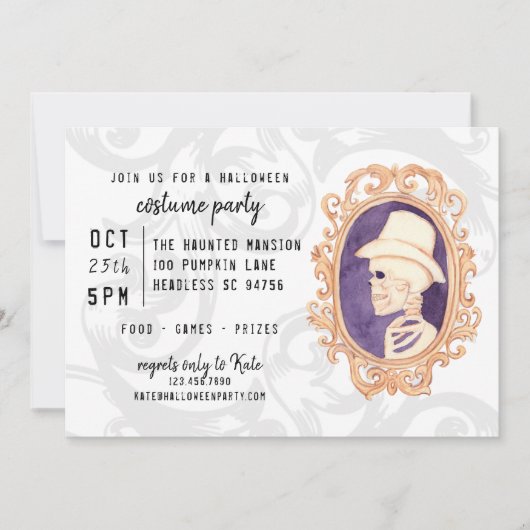 Schattige Waterverf Skelet ingelijst Portret Hallo Kaart (Voorkant)