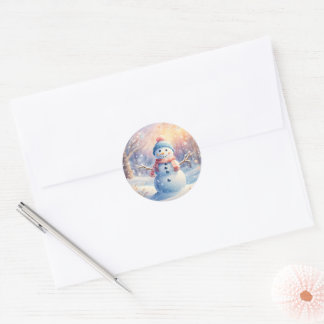 Schattige waterverf-sneeuwman in Winter Wonderland Ronde Sticker