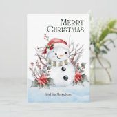 Schattige waterverf-sneeuwman met kerstmuts & bloe feestdagenkaart (Staand voorkant)