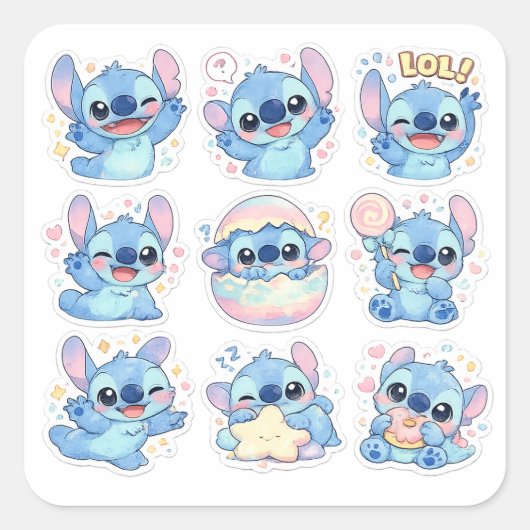 Schattige Waterverf Stitch Vierkante Sticker (Voorkant)