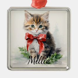 SCHATTIGE WATERVERF TABBY KITTEN MET RODE STRIK METALEN ORNAMENT