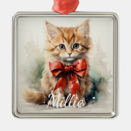 SCHATTIGE WATERVERF TABBY KITTEN MET RODE STRIK METALEN ORNAMENT