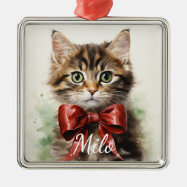 SCHATTIGE WATERVERF TABBY KITTEN MET RODE STRIK METALEN ORNAMENT