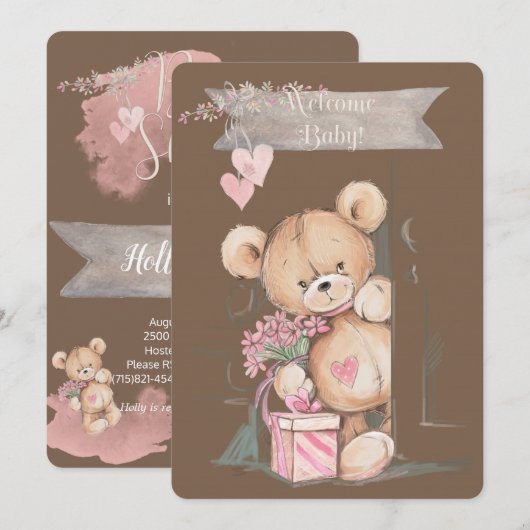 Schattige Waterverf Teddy Bear Baby shower Kaart (Voorkant / Achterkant)