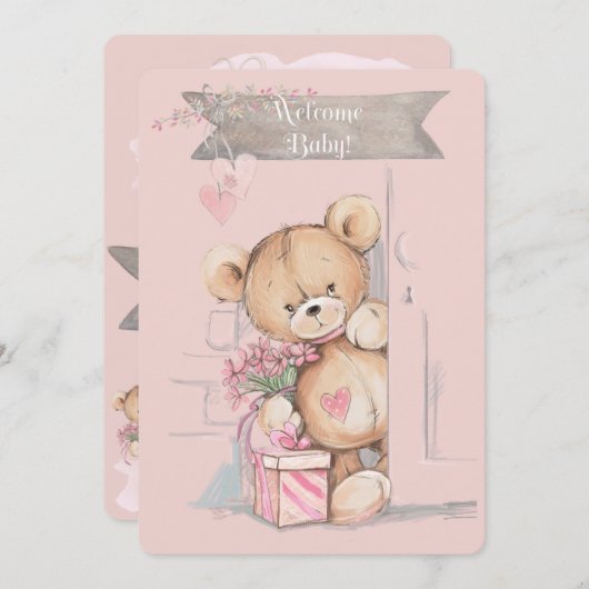 Schattige Waterverf Teddy Bear Baby shower Kaart (Voorkant / Achterkant)