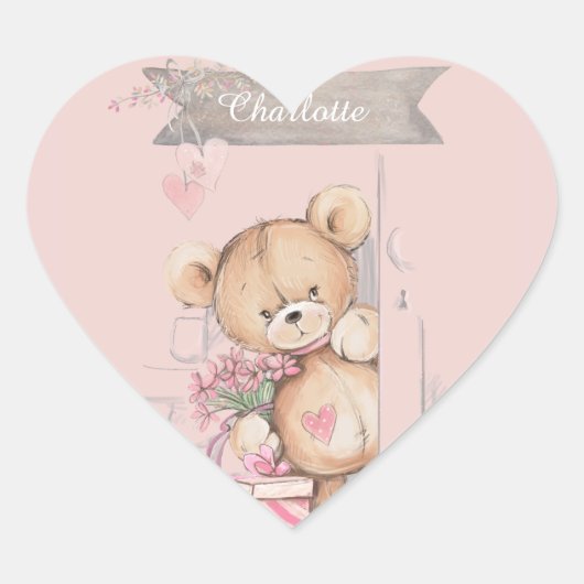 Schattige Waterverf Teddy Bear Baby shower Square Hart Sticker (Voorkant)