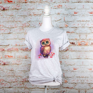 Schattige waterverf uil op tak met bloemen t-shirt