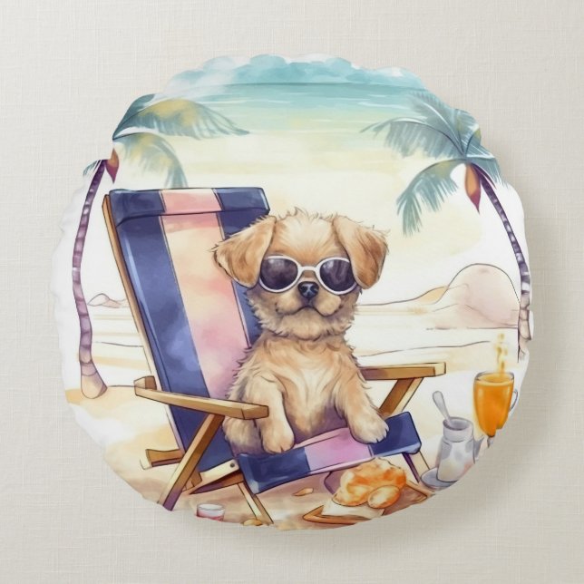 SCHATTIGE WATERVERF ZOMERHOND OP HET STRAND ROND KUSSEN (Voorkant)