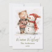 Schattige waterverfbeer en sneeuwman | Warme wense Feestdagenkaart (Voorkant)