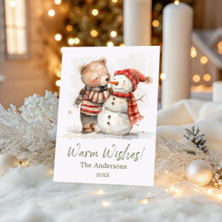 Schattige waterverfbeer en sneeuwman | Warme wense Feestdagenkaart