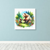Schattige waterverfbeer en welp canvas afdruk (Insitu (Houten vloer))
