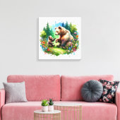 Schattige waterverfbeer en welp canvas afdruk (Insitu (Woonkamer))
