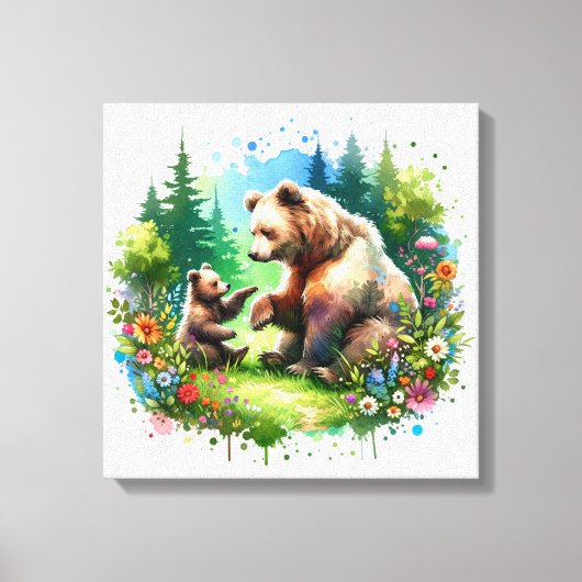Schattige waterverfbeer en welp canvas afdruk (Voorkant)