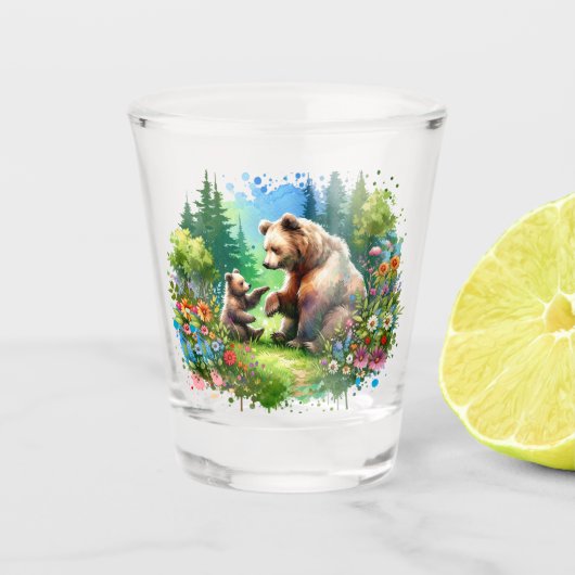 Schattige waterverfbeer en welp  shot glas (Voorkant)