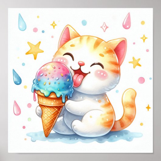 Schattige waterverfkat die ijs eet Whimsisch Poster (Voorkant)