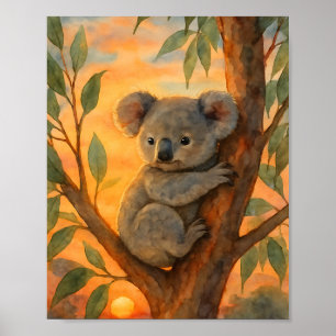Schattige waterverfkoala in eucalyptusboom poster