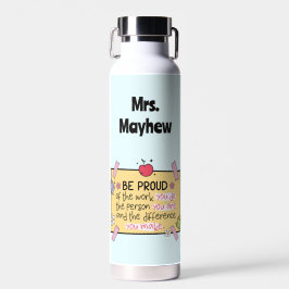 Schattige wees trots op gepersonaliseerde lerarenk waterfles
