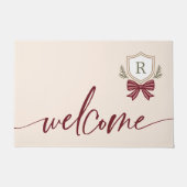 Schattige Welkom Monogram Crest Holiday Bow Christ Deurmat (Voorkant)