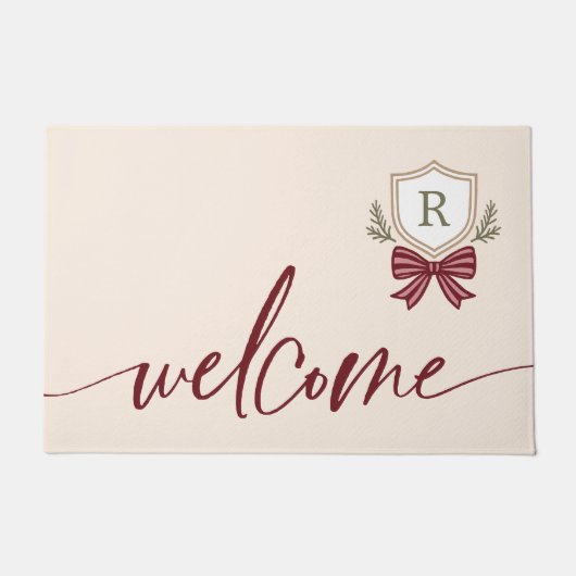 Schattige Welkom Monogram Crest Holiday Bow Christ Deurmat (Voorkant)