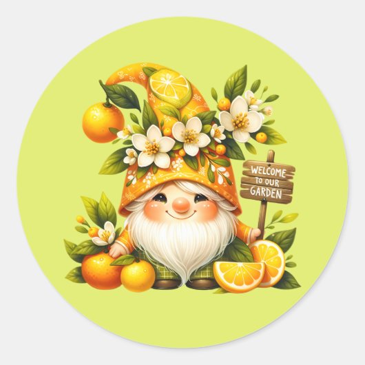 Schattige welkom tuin kabouter ronde sticker (Voorkant)