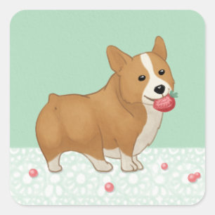 Schattige Welsh Corgi en Aardbei Illustratie Kunst Vierkante Sticker