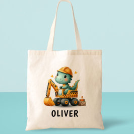 Schattige werkerdinosaurus op een graafmachine tote bag