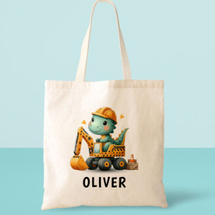 Schattige werkerdinosaurus op een graafmachine tote bag