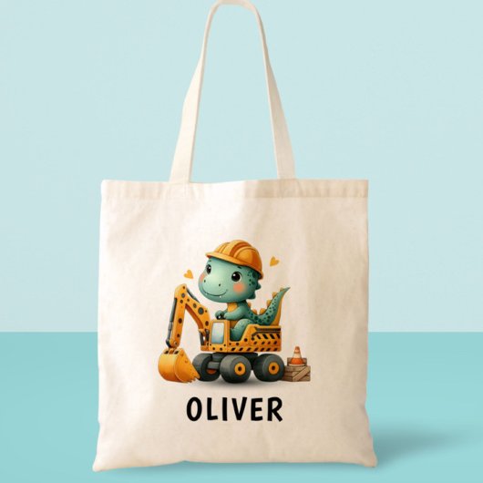 Schattige werkerdinosaurus op een graafmachine tote bag