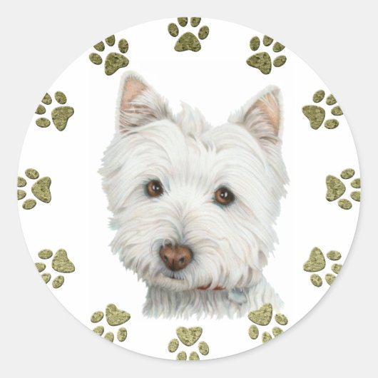 Schattige West Highland White Terrier Dog and Paws Ronde Sticker (Voorkant)