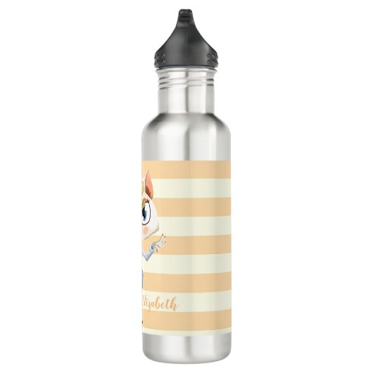 Schattige whimsical Cat op Stripes-Personalized Waterfles (Rechts)