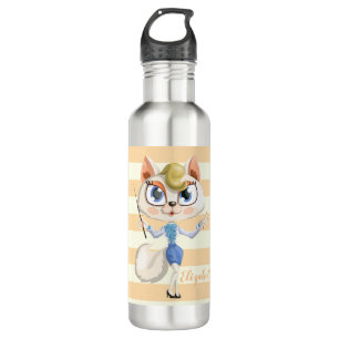 Schattige whimsical Cat op Stripes-Personalized Waterfles