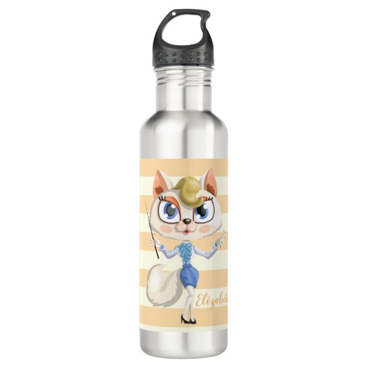 Schattige whimsical Cat op Stripes-Personalized Waterfles (Voorkant)
