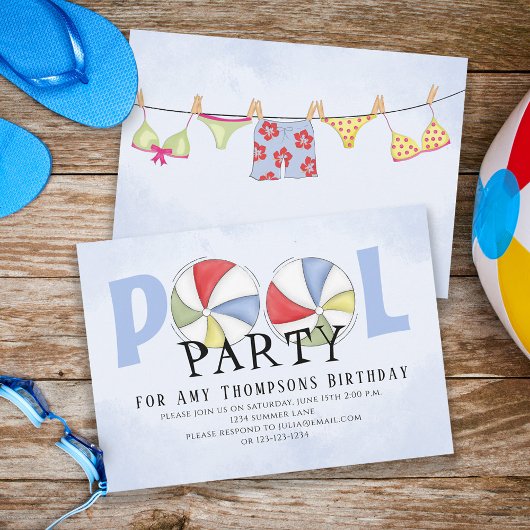 Schattige Whimsical Fun Zwembad Feest Zomer Strand Kaart