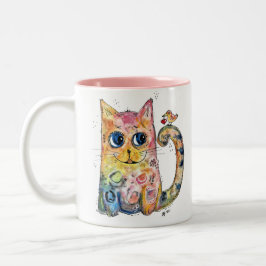 Schattige Whimsical Gelukkige Kat met Vogel Tweekleurige Koffiemok