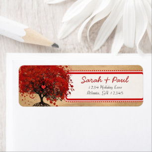 Schattige Whimsical Hart Blad Boom Rood Roze Stipp Etiket
