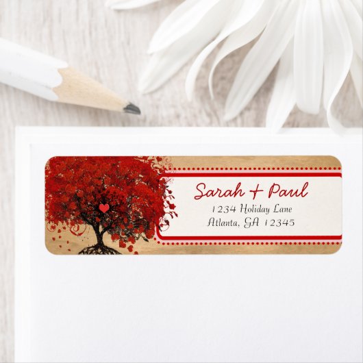 Schattige Whimsical Hart Blad Boom Rood Roze Stipp Etiket (Insitu)