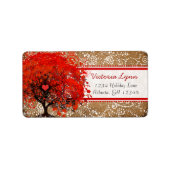 Schattige Whimsical Hart Blad Boom Rood Roze Stipp Etiket (Voorkant)