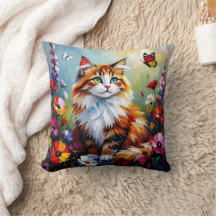 Schattige Whimsical Kat, Bloemen en Vlinders Kussen