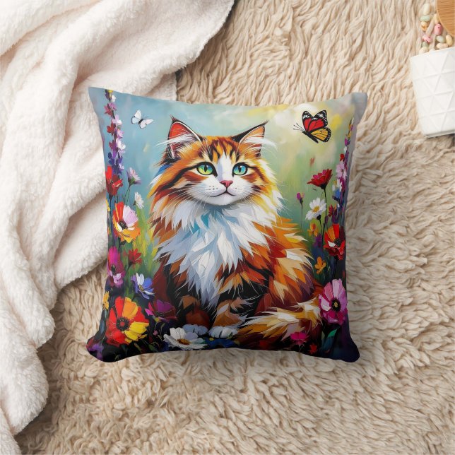 Schattige Whimsical Kat, Bloemen en Vlinders Kussen (Deken)