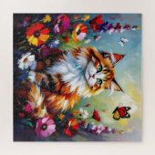 Schattige Whimsical Kat, Bloemen en Vlinders Legpuzzel (Horizontaal)