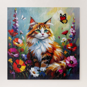 Schattige Whimsical Kat, Bloemen en Vlinders Legpuzzel