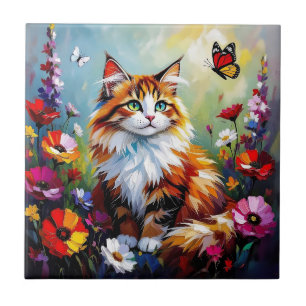 Schattige Whimsical Kat, Bloemen en Vlinders Tegeltje